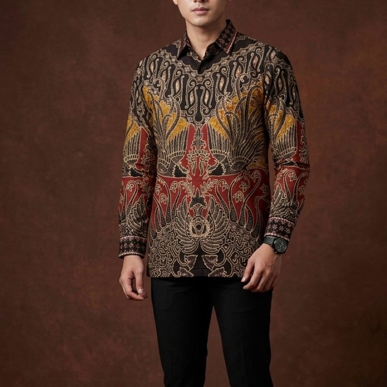 Kemeja batik Tulis pria Prada GARUDA KENCANA MERAH Jahitan bordir smock, Kemaja batik modern cutting
