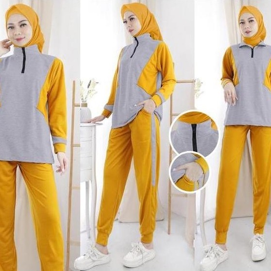 Set AURYA Setelan Baju  Celana  Olahraga Training Senam Wanita  Muslim  Dewasa Lengan Panjang Model 