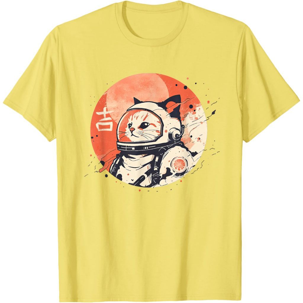 Kaos Japanese Minimalist 1950s Retro Space Cat Good Luck Kanji T-Shirt – Baju Vintage 90s Retro Pria