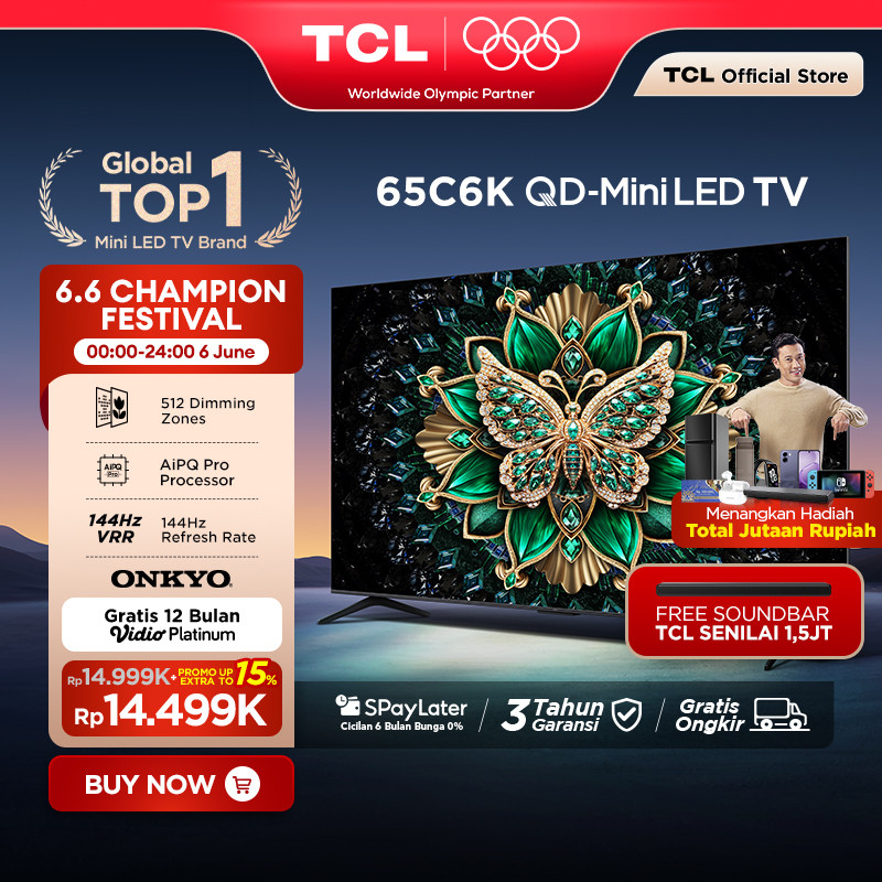 TCL 65 Inch QD-Mini LED TV C6K - Halo Terminator - Onkyo 2.1 - 144Hz - HVA Panel - Energy Saving - G