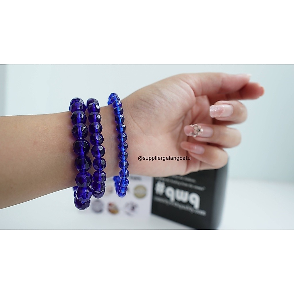 gelang kristal bola dunia blue quartz kuarsa biru tua kotak kado lux