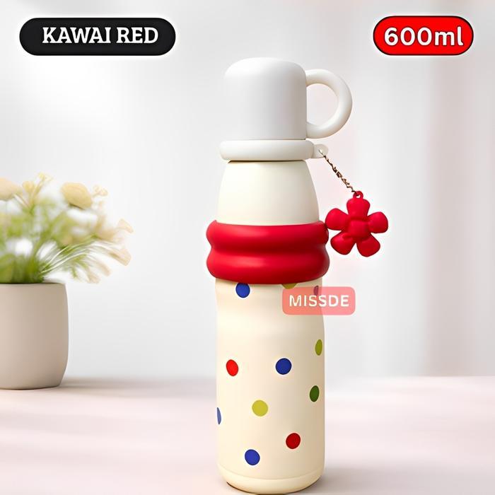 Botol Minum Stainless Steel 600ml / Tumbler Portable Insulated Bottle With Mug Kawai - KAWAI RED