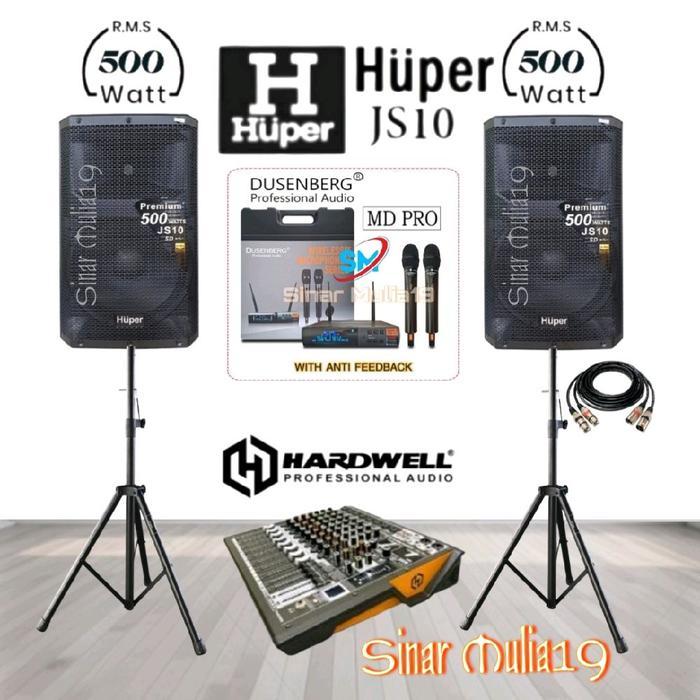 Paket Sound System Karaoke Speaker Aktif Huper JS10 Original Mixer Hardwell Pro FX8 Bluetooth Mic Wi