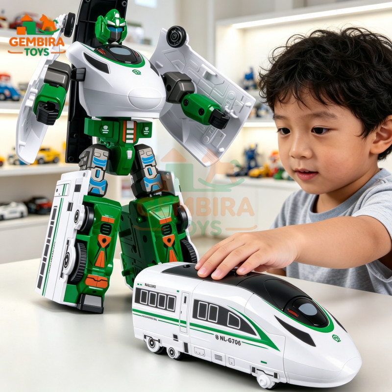 GEMBIRA TOYS Mainan Robot Transformasi Kereta Cepat Inersia Manual Deformasi Kendaraan High-Speed Tr