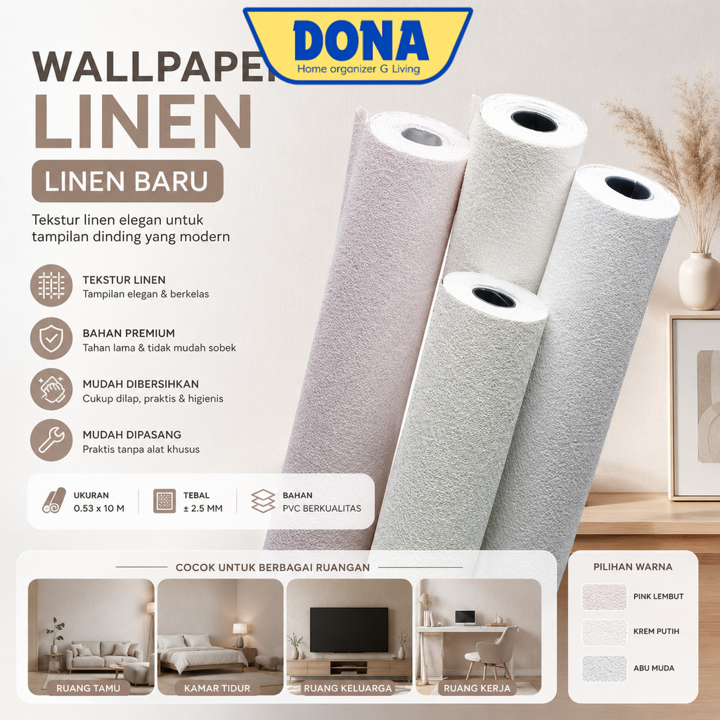 DONA - Wallpaper Linen Roll 280x50cm Stiker Dinding Coral A12 | Wallpaper Dinding Kamar Tidur Ruang 