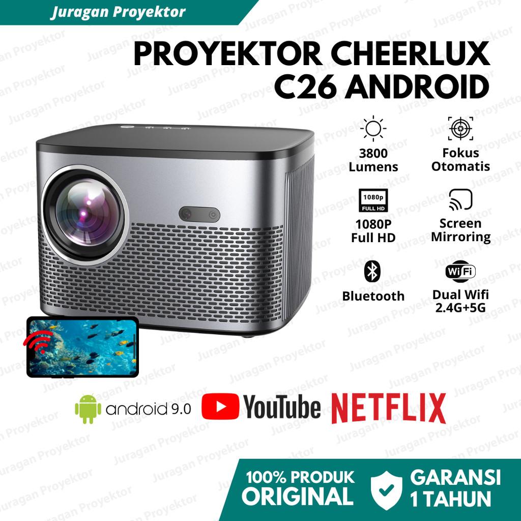 Cheerlux C26 Smart Proyektor Android Wifi 3800 Lumens | Proyektor Auto Focus | Proyektor 1080P Full 