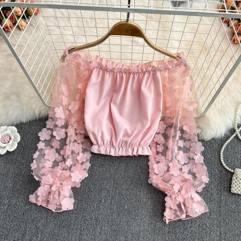 Blus Sifon Transparan Bahu Lepas Wanita, Model Longgar Pinggang Serut Atasan Pendek