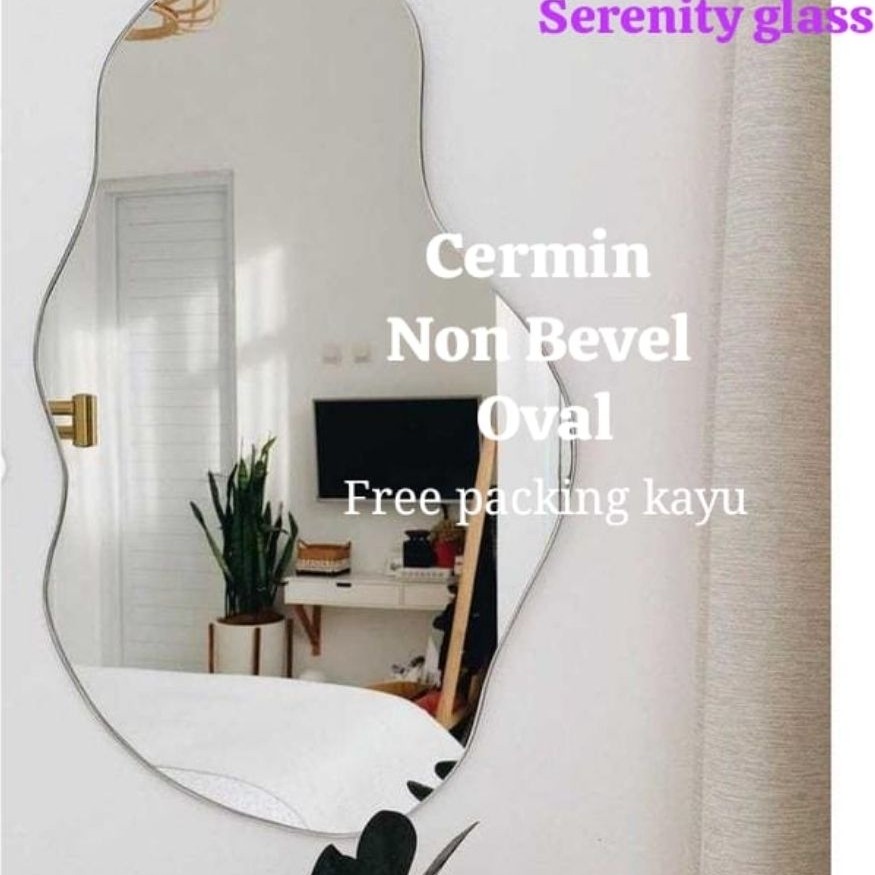 serenity glass Cermin Oval Custem free packing kayu