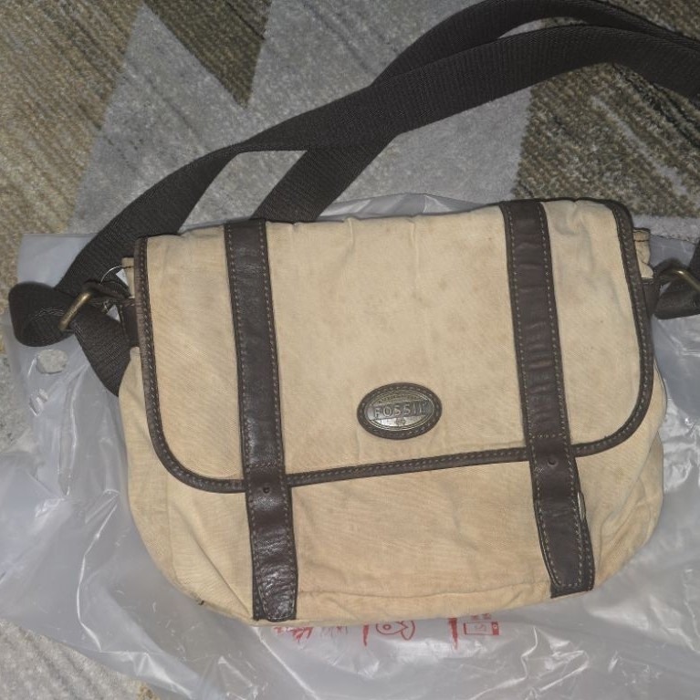 (preloved) tas asli fossil messenger bag kulit + kanvas