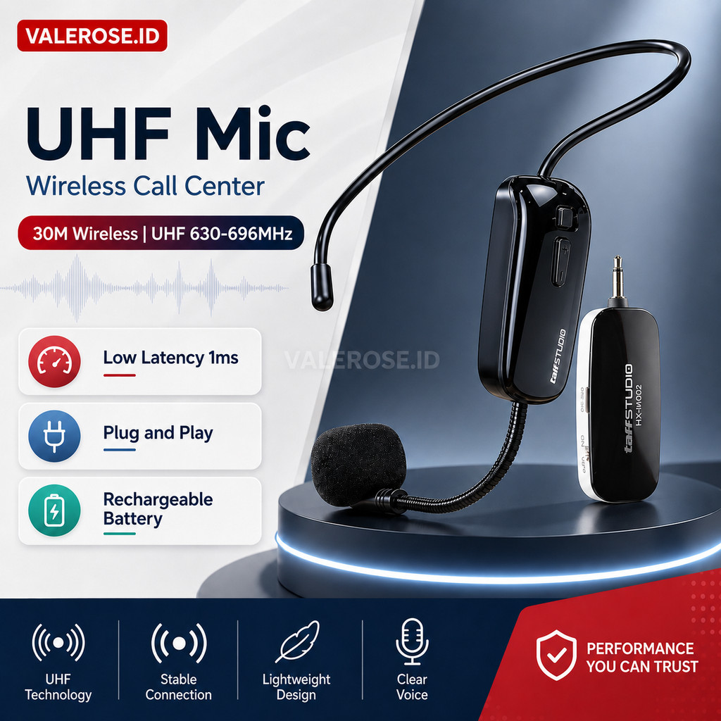 Wireless Microphone UHF Call Center HX-W002 Jarak 30M Plug and Play | Mic Headset Presentasi Konten 