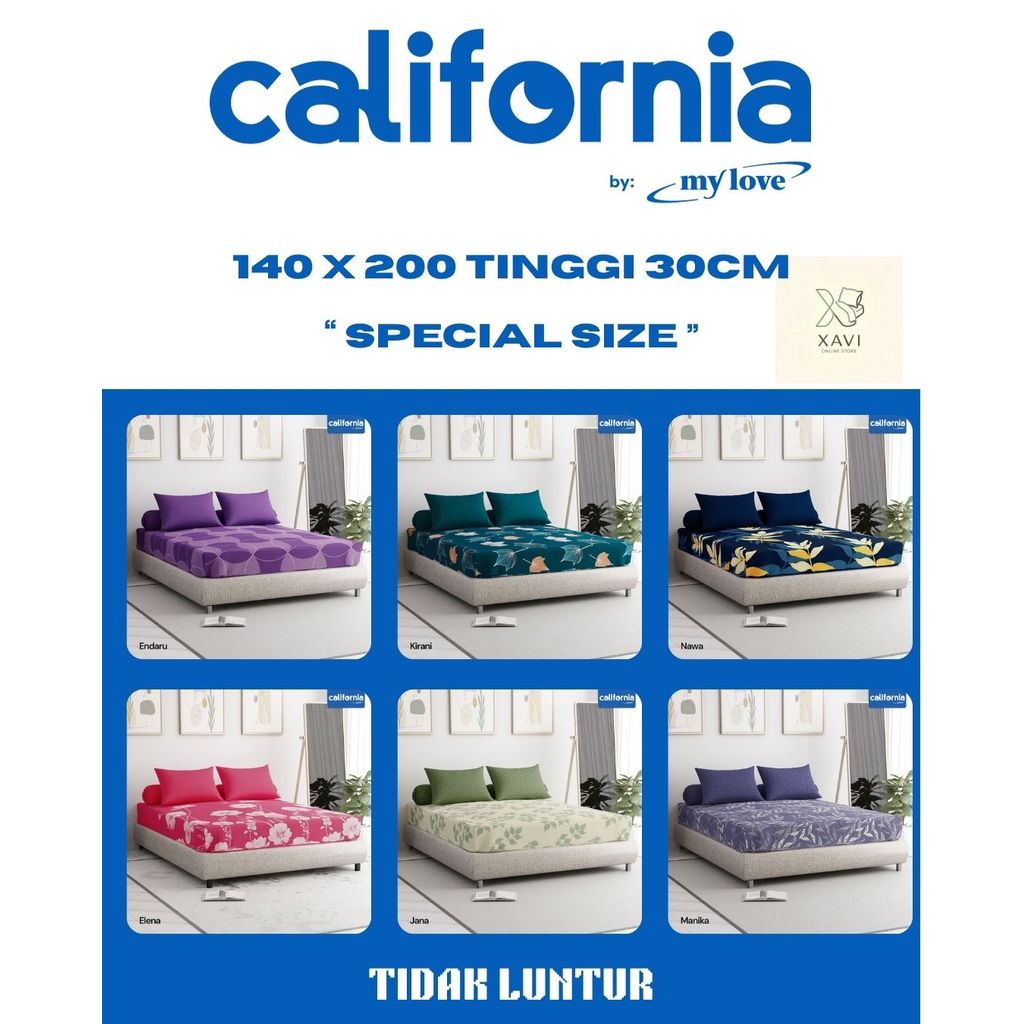 Sprei California By My Love " Special Size " Ukuran 140 x 200 Tinggi 30cm Bantal 2 Guling 2