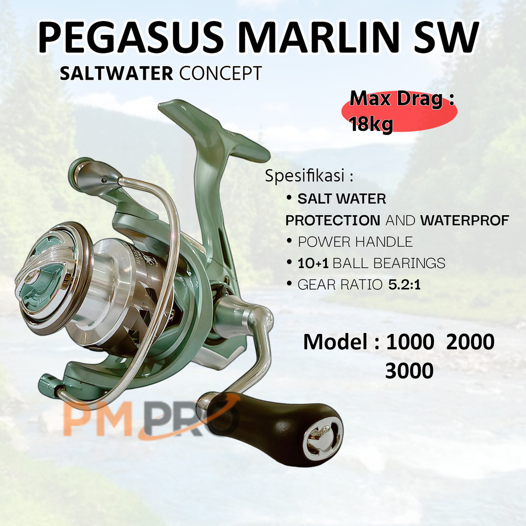 Reel Spinning Pegasus MARLIN SW 1000 2000 Max 18kg Rell Laut SaltWater Ringan Power Handle Kuat