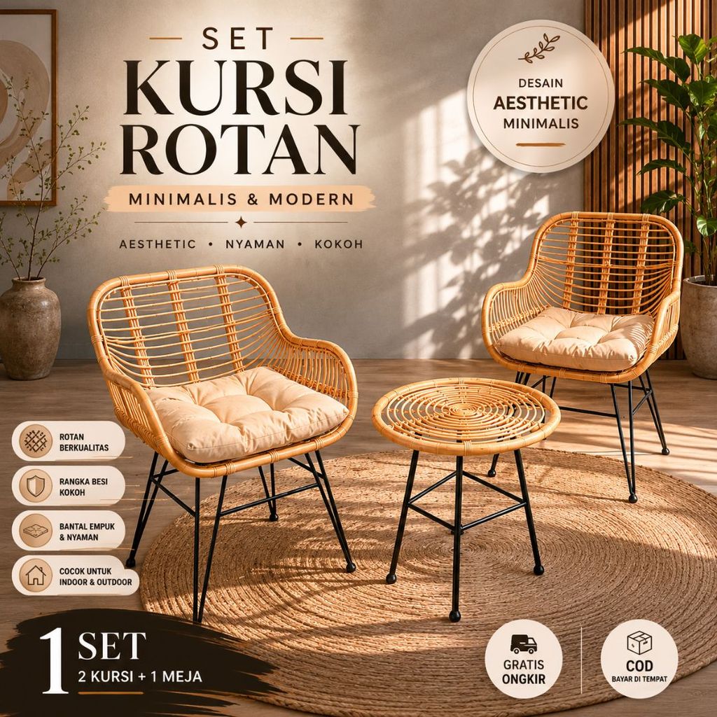 Kursi Teras Rotan Minimalis Rangka Besi 1 Set / Kursi Cafe / Kursi Makan