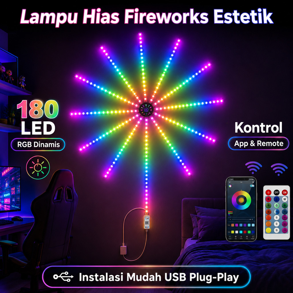 Lampu Hias LED Fireworks 180 LED RGB Dekorasi Kamar Estetik Smart App Control Remote 11 Strip