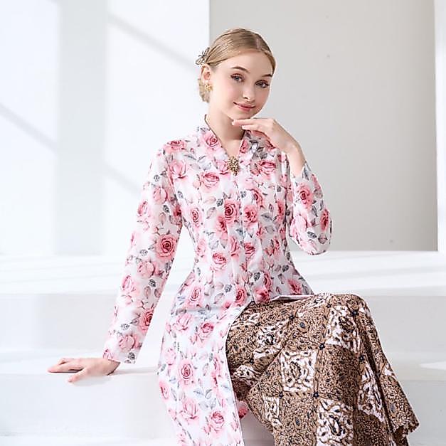 BEST SELLER Kebaya Kartini Tunik Bunga / Kebaya Lebaran Motif Bunga Pink / Kebaya Kartini Bigsize
