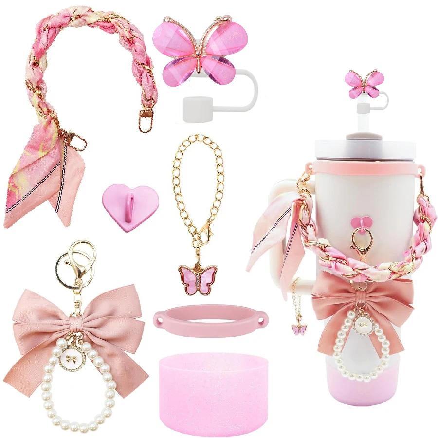 7Pcs Cup Accessories for Stanley 40oz/30oz Tumbler Water Bottle Handle Strap Bow Keyain Cup Ring Boo