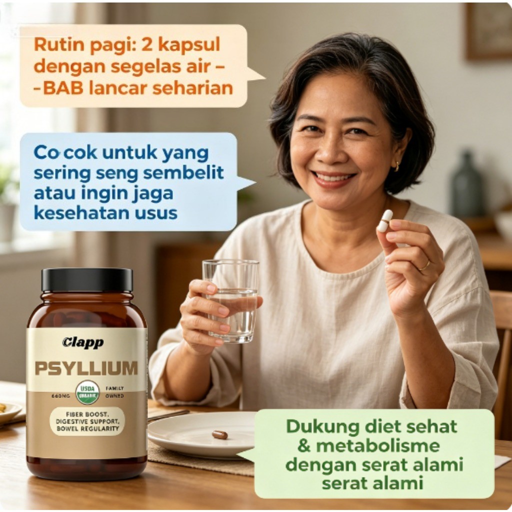 Clapp USDA Organic Psyllium Husk 1320mg Per Serving Bantu Kontrol Berat Badan & Metabolisme 60 Kapsu