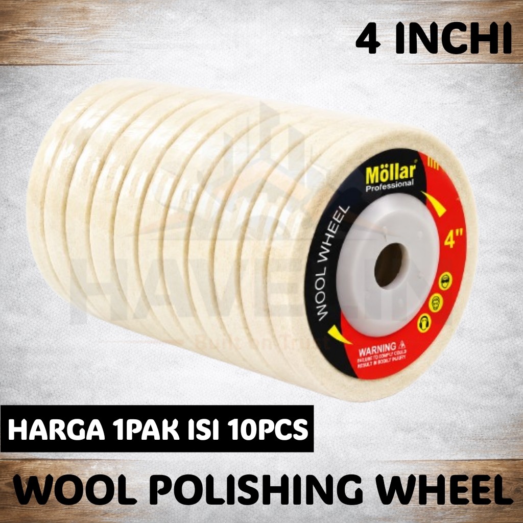 GROSIR 1PAK 10PCS Wool Wheel 4 Inch PUTIH MOLLAR / Polishing Woolen Disk 4" / Batu Poles Putih Gerin