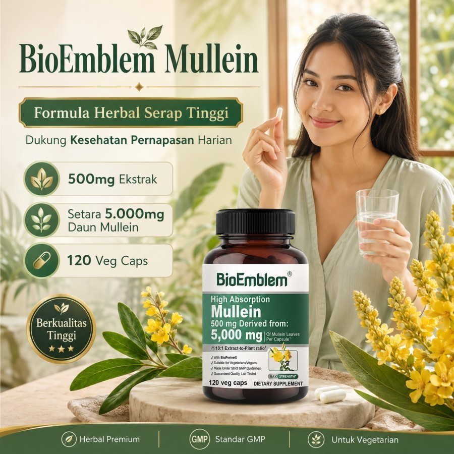 BioEmblem Mullein 5000mg Mullein Leaves, 120 Veg Caps, Suplemen Herbal Daun Mullein BioPerine, Tengg