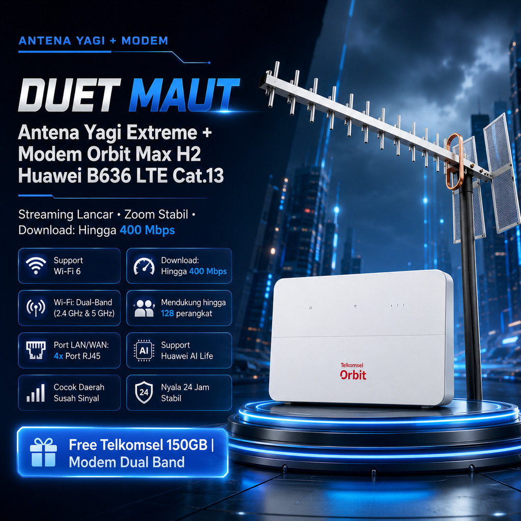 Duet Maut - Paket Antena Yagi Extreme 3 Telkomsel Orbit Max H2 Huawei B636  LTE Cat.13 400Mbps