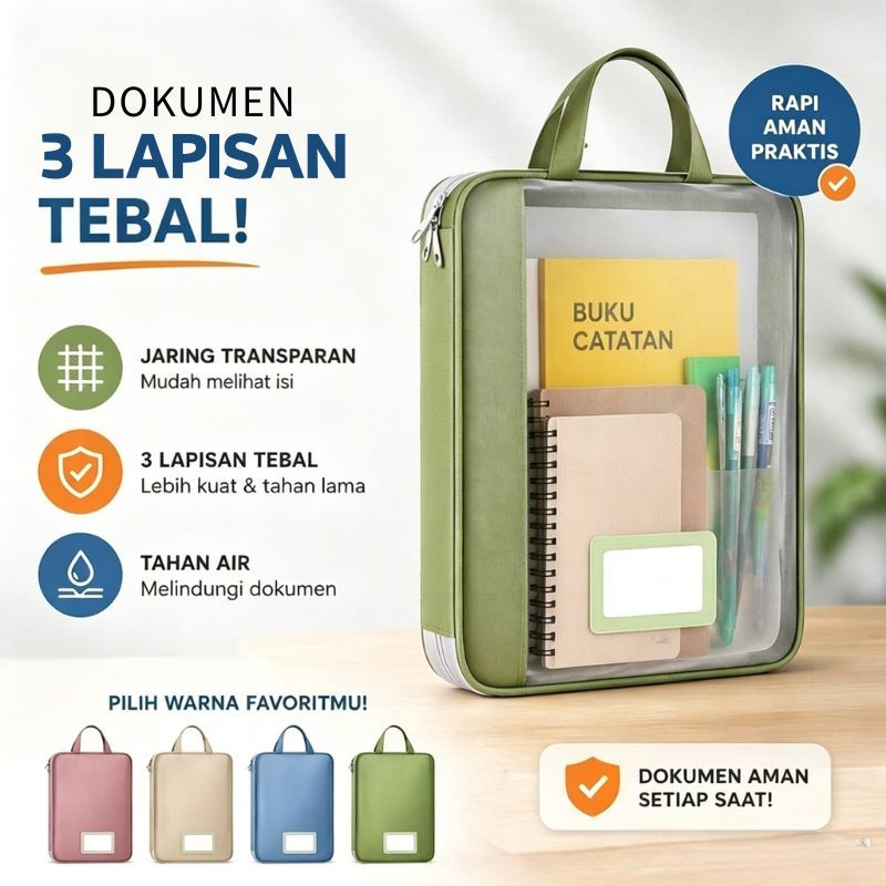 Tas Map Dokumen Transparan Oxford Tebal Folder Buku Sekolah Portabel Resleting Handle Pvc