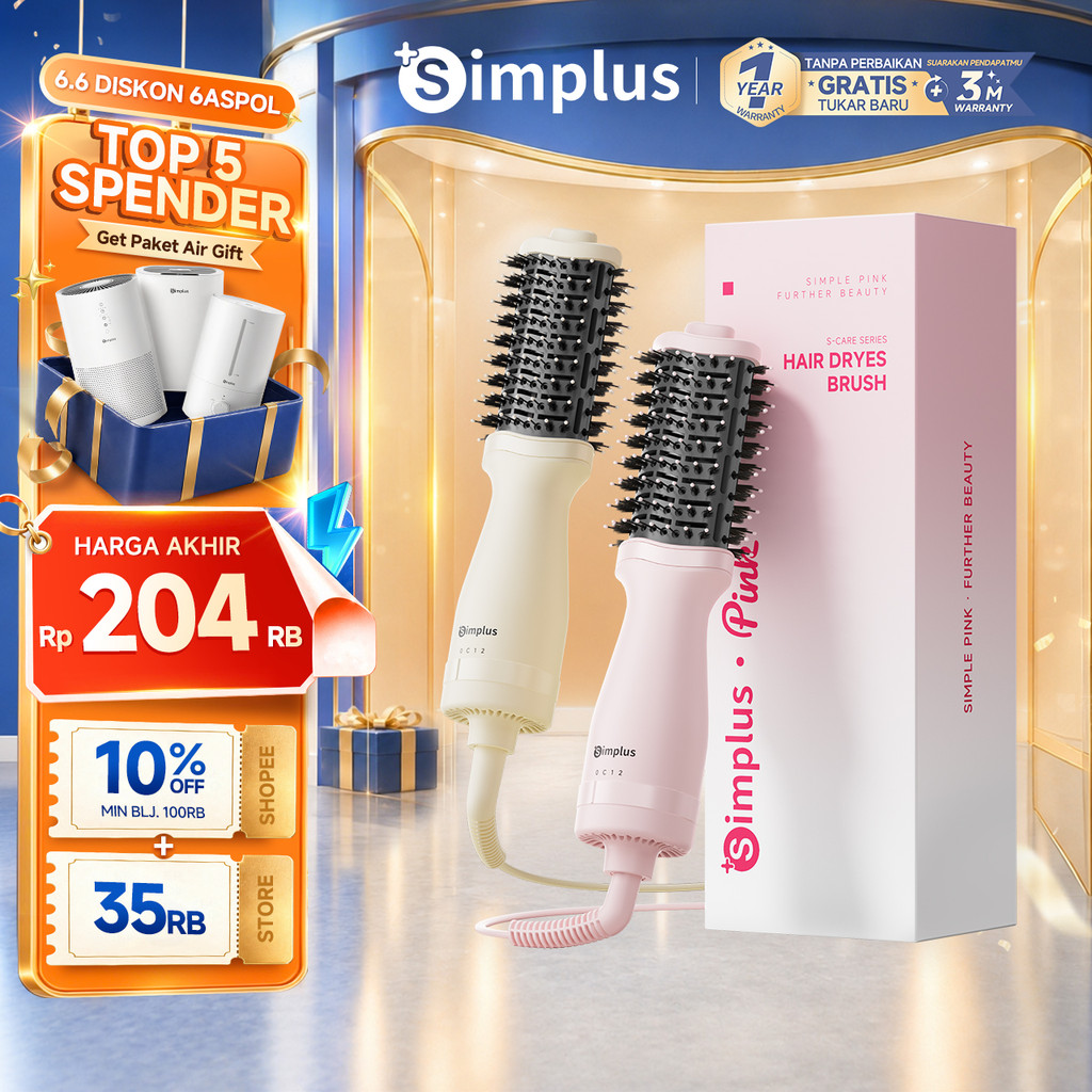 Simplus Sisir Pengering Hot Air 3-in-1 Blow Hair Dryer Mini Ringkas Mudah Dibawa Pengering dan Styli