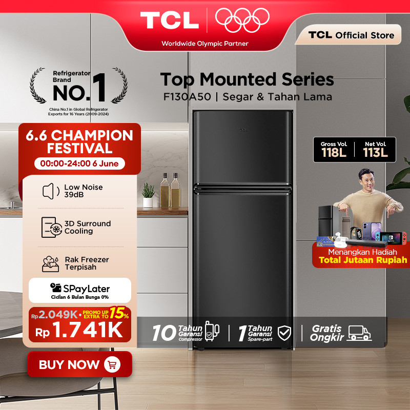 TCL Kulkas 2 Pintu (F130-A50) - Kapasitas 118L - Rak Freezer Terpisah - 3D Surround Cooling - Adjust