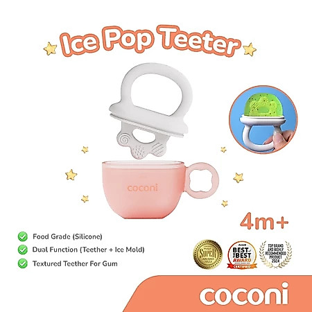 COCONI Ice Pop Teether – Teether + Cetakan Es Buah Bayi 2-in-1 | Food Grade Silicone, Aman untuk 4 B