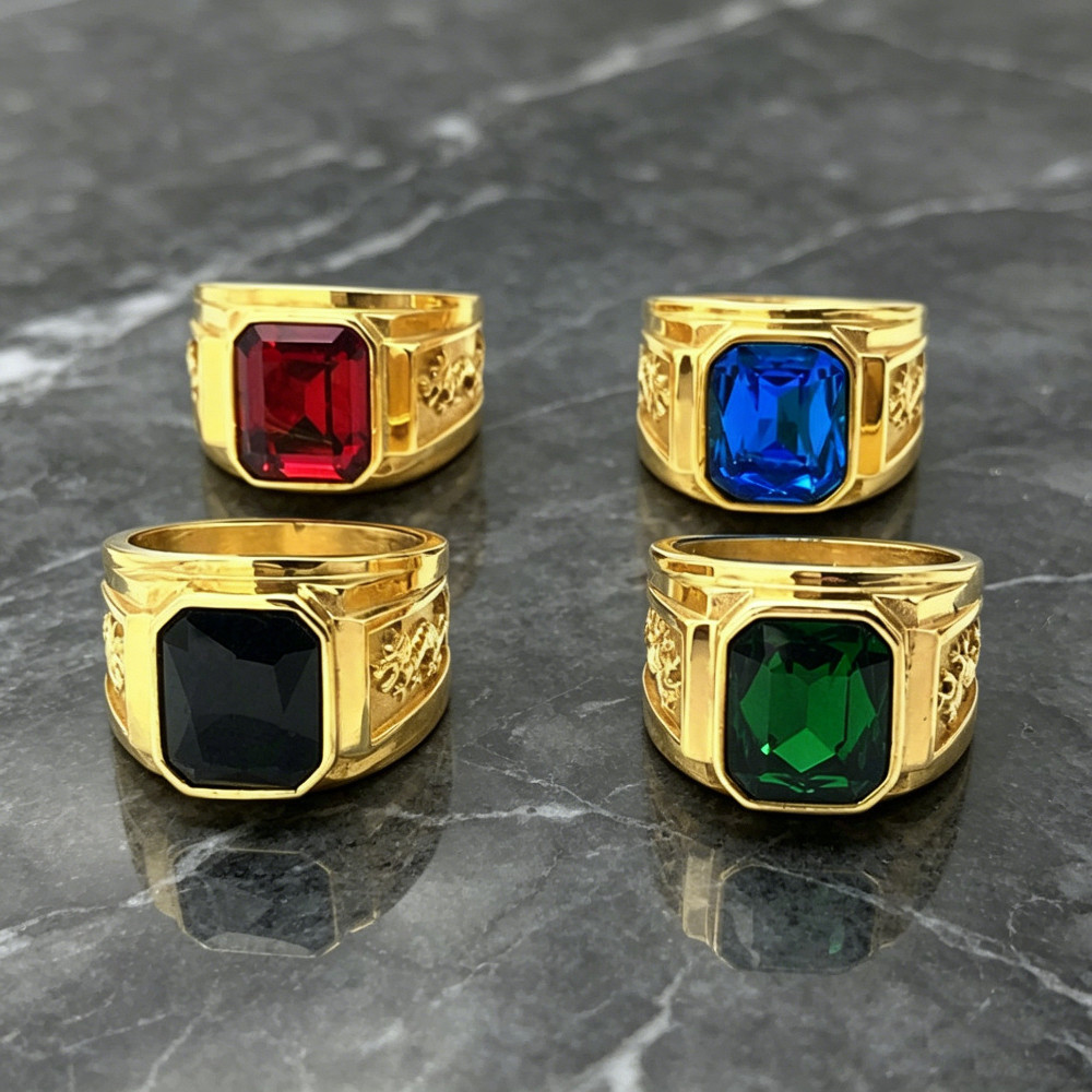 Cincin Pria Model Batu Kotak Zirkon Merah Biru Hijau Hitam Emas Baja Titanium Fashion Mewah Elegan K