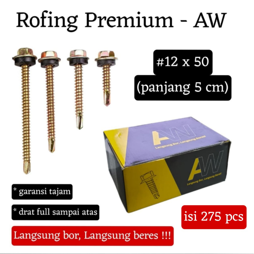 TEAMOR Rofing #12 x 50 (panjang 5 cm) / Baut atap Rofing 5 cm (isi 350 pcs) - harga per dus