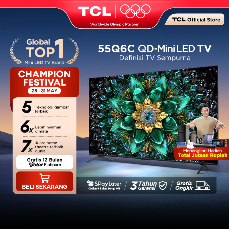 TCL 55 Inch QD-Mini LED TV Q6C - AiPQ Pro Processor - 6in1 Healthy Eye care - 144Hz - Smart Android 