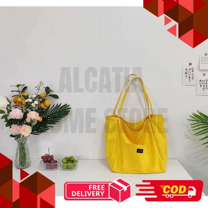 Mores Tas Tote Bag Kanvas wanita Polos Warna Neon Casual Import Korean Style Aesthetic Siena Korean 