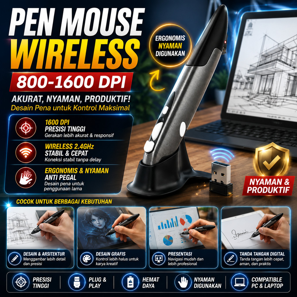 Pen Mouse Wireless Ergonomic 2.4GHz 1600 DPI Stylus Bentuk Pena Gambar Desain Arsitek Animator Tanda