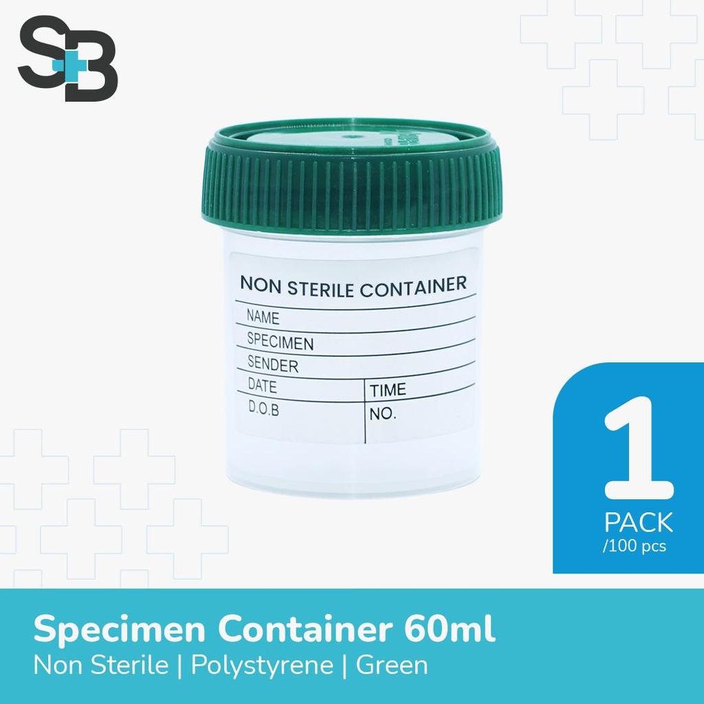 Urine Container 60 ML ( NON STERILE ) BENING / Specimen Container Tutup Hijau @100 pcs