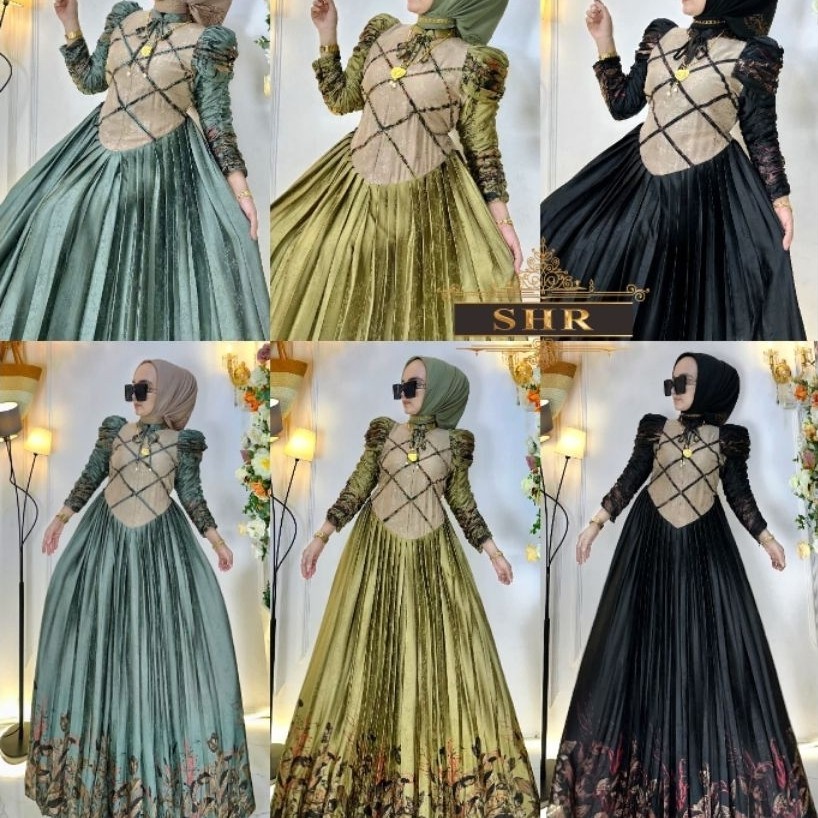 BY SHR ORI NEW READY MAXI DRESS RATU SWAROSKY SATIN LENGAN KERUT BY SHR ORI