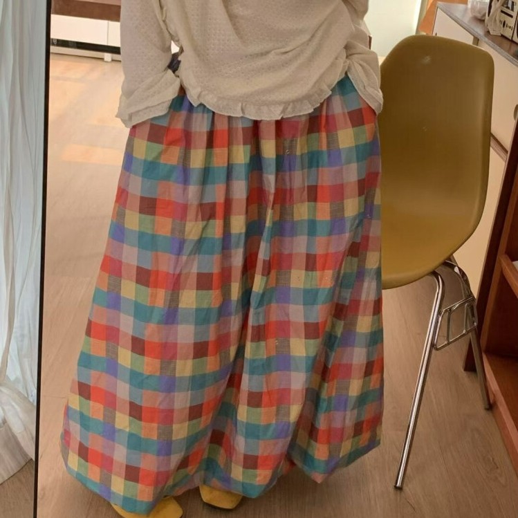 CHICMORE|Rok A-line motif kotak-kotak colorful|gaya kasual|Rok Maxi Panjang Wanita|Motif Kotak Pelan