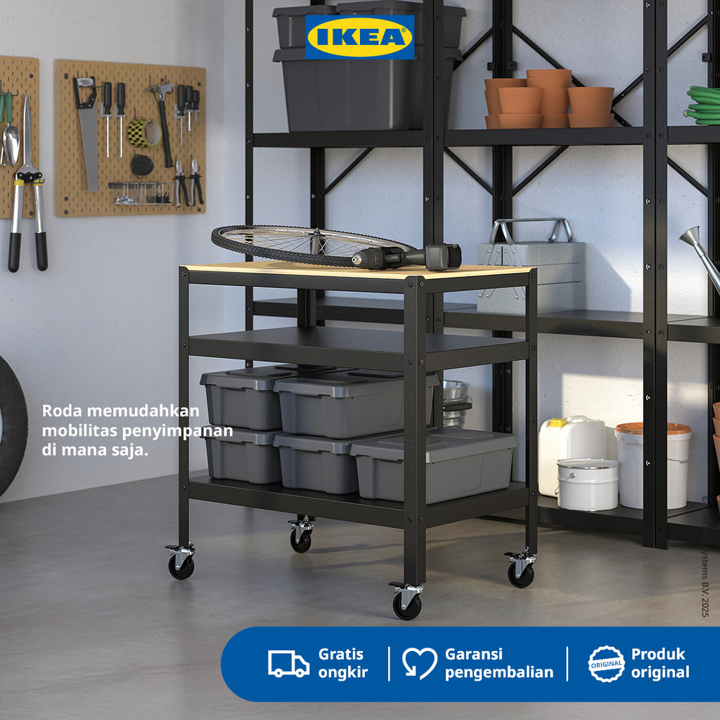 IKEA BROR Troli Dapur / Serbaguna Hitam/Kayu Lapis Pinus 85x55 cm