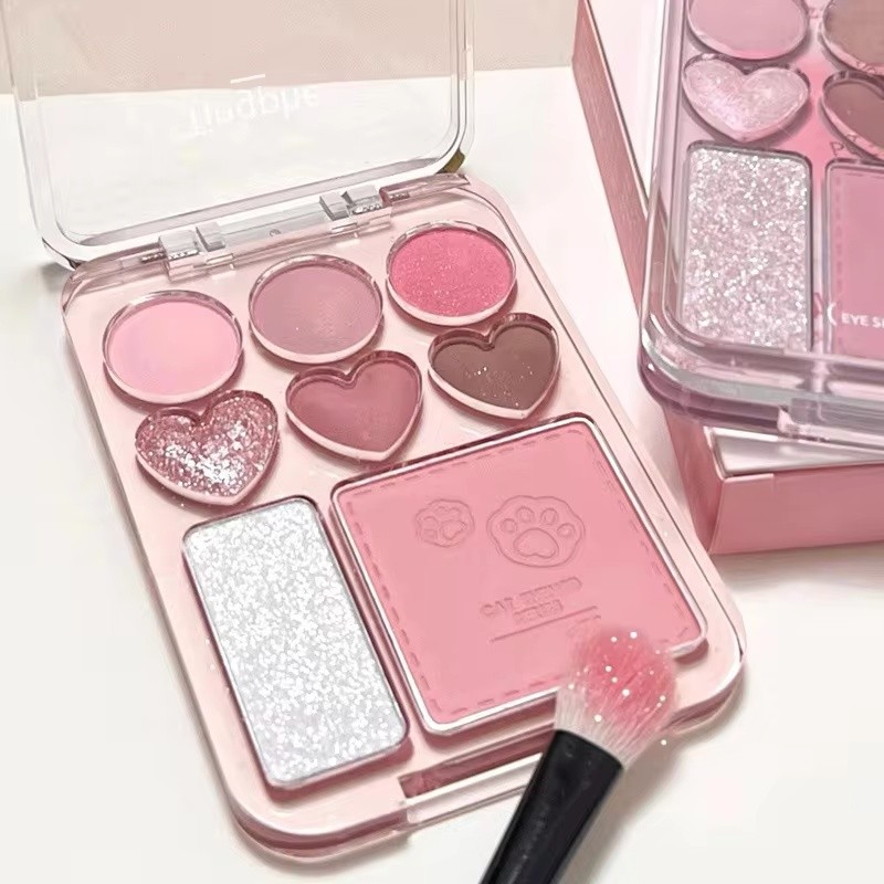 Palet Eyeshadow 8 Warna Pink Oranye, Perona Pipi, Highlighter, Pencerah Tahan Lama, Eye Shadow Bentu