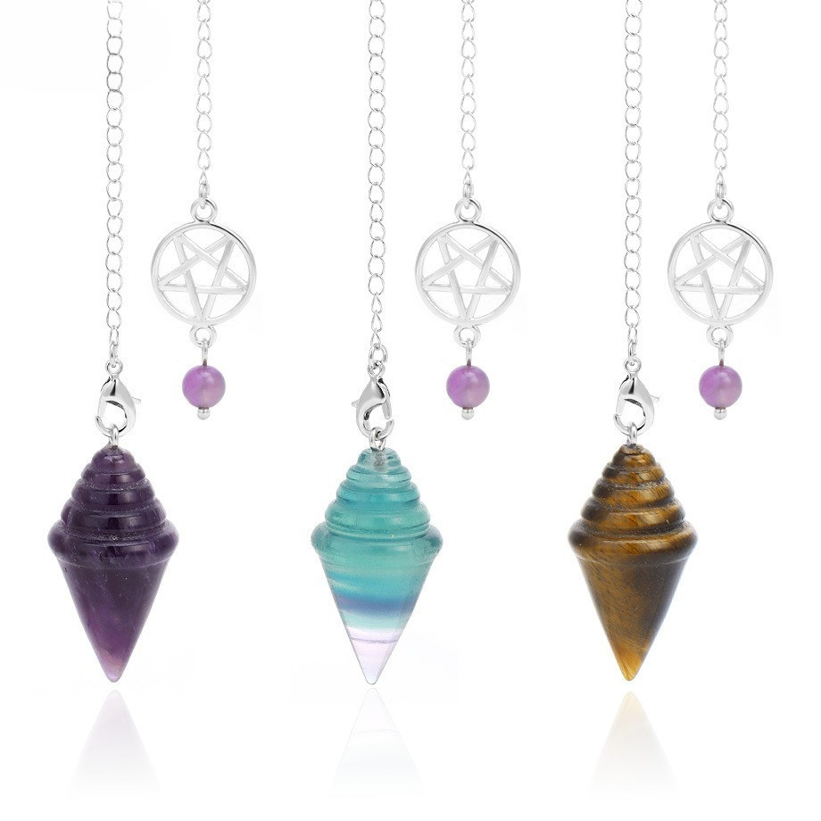 Fluorit berwarna kristal alami, pendulum kerucut berulir batu berkilau, liontin rantai pendulum pent