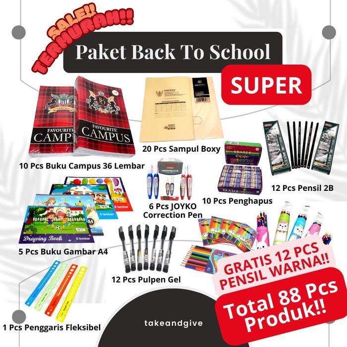 PAKET BACK TO SCHOOL 88PCS GRATIS 12 PCS PENSIL WARNA 10PCS BUKU CAMPUS + 5PCS BUKU GAMBAR A4 + 12PC