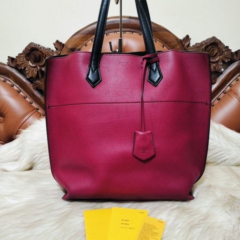 FenDi  Magenta Black Leather Tote Bag