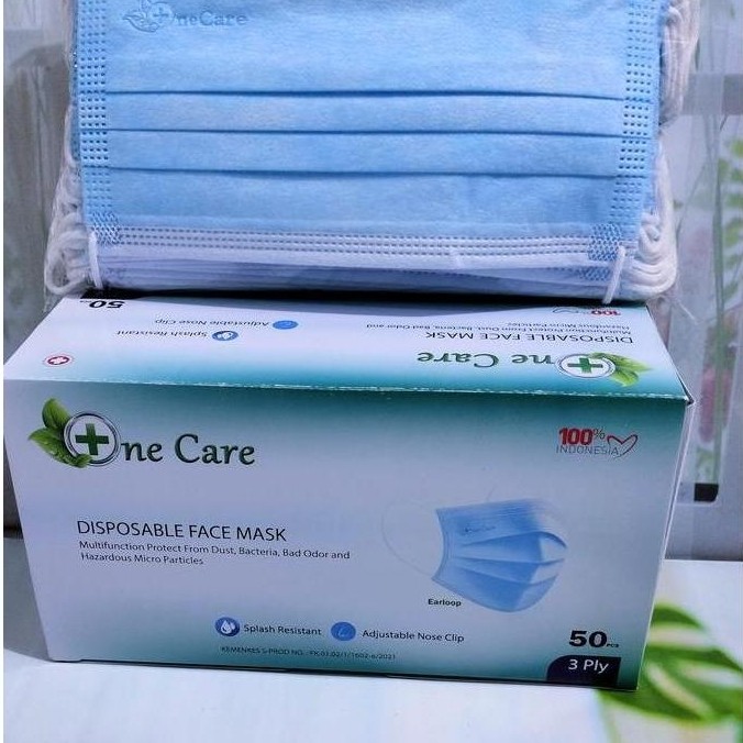 One Care Masker Earloop 3 Ply Embos Biru Isi 50 Pcs Kemenkes RI Hijau Disposable Face Mask Multifung