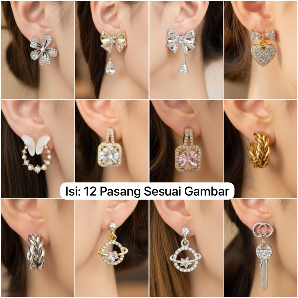 Grosir Anting Korea 1 Lusin Set Mix Anting Rhodium Tindik Giwang Jurai Anti Karat