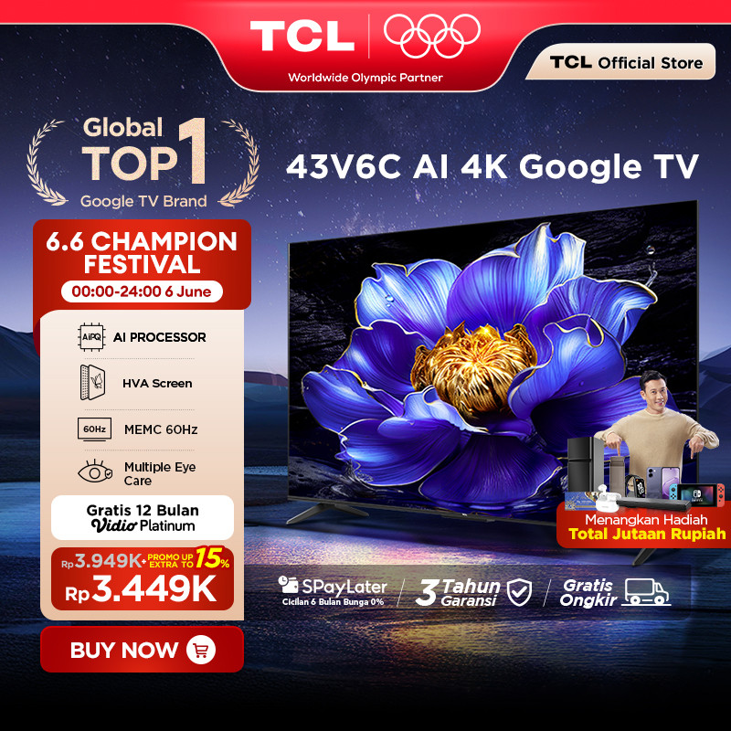 TCL AI 4K Google TV 43 inch V6C - MEMC - HDR 10 - HVA Panel - Dolby Audio - Google Play/Netflix/Yout