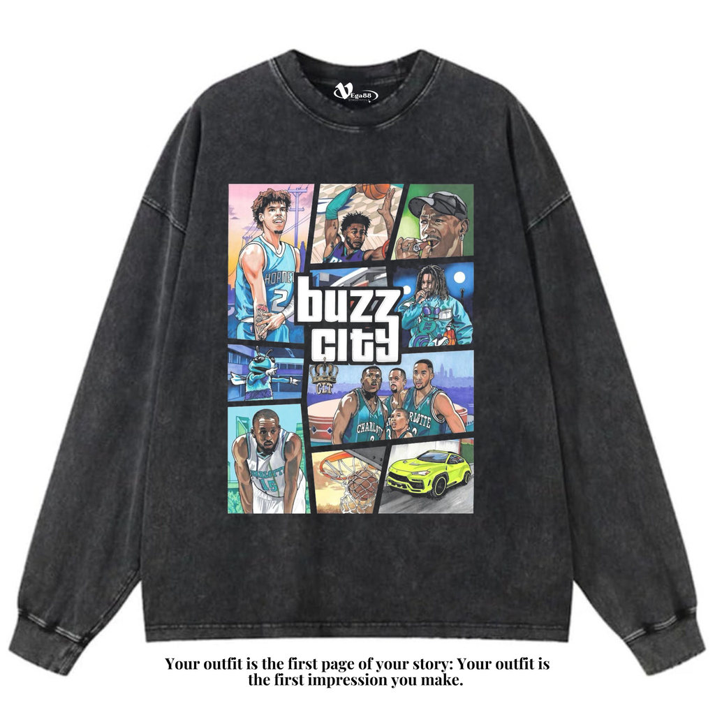 VEGA88 *buzz city Charlotte hornets* Kaos oversize longsleeve | t-shirt oversized | kaos washed | wa