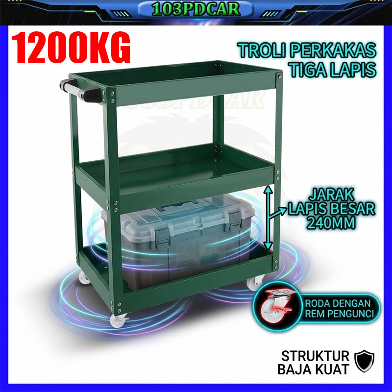 Troli Bengkel 3 Susun Tool Cart Rak Lemari Perkakas Mekanik Otomotif Heavy Duty Kunci Roda PU Senyap