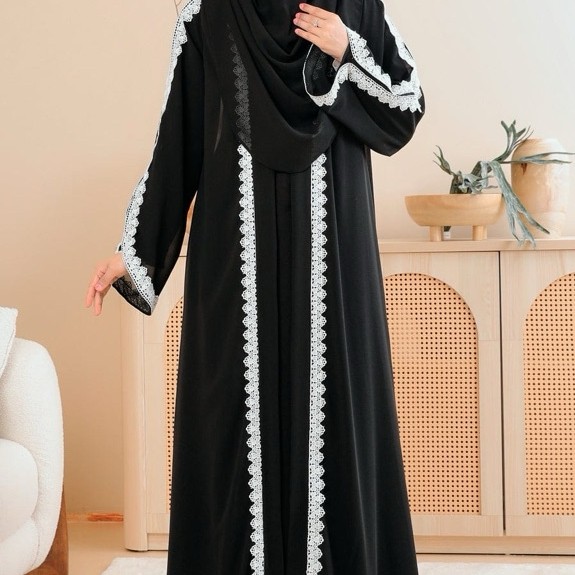Aluna Dress Abaya Hitam Pure Black Renda Putih Mewah Premium Gamis Hitam Abaya Arab Turkey Bordir Re