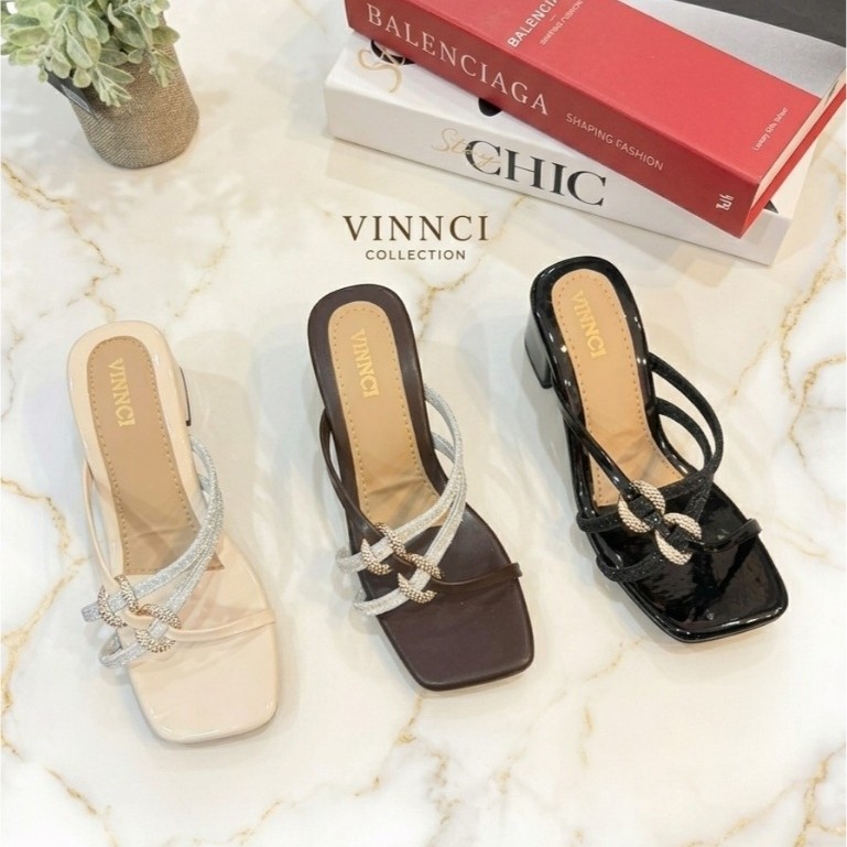 Sandal Heels Wanita Vincci Aksen Kait Kristal / Sendal Pesta Hak Tahu Strap Mewah / Sepatu Kondangan