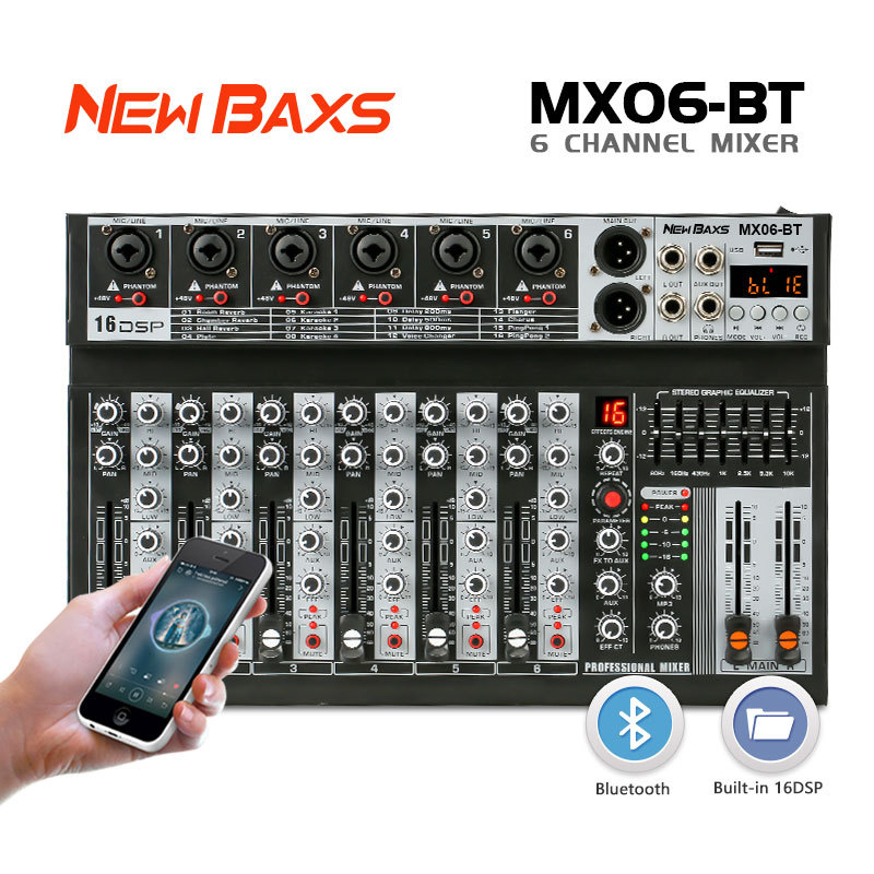 NEW BAXS MX06BT Audio Mixer equalizer Profesional  6-saluran EQ 16DSP mixer audio bluetooth/USB/PC/M
