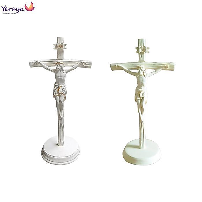 Salib Duduk Resin Motif Kayu Full Putih 25cm Pajangan Salib Meja Salib Yesus Katolik